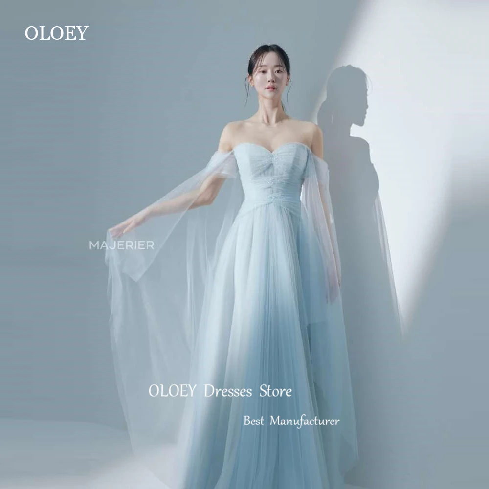 OLOEY-vestido de noite azul claro, vestidos de casamento elegantes, vestidos de baile, mangas compridas, Coréia