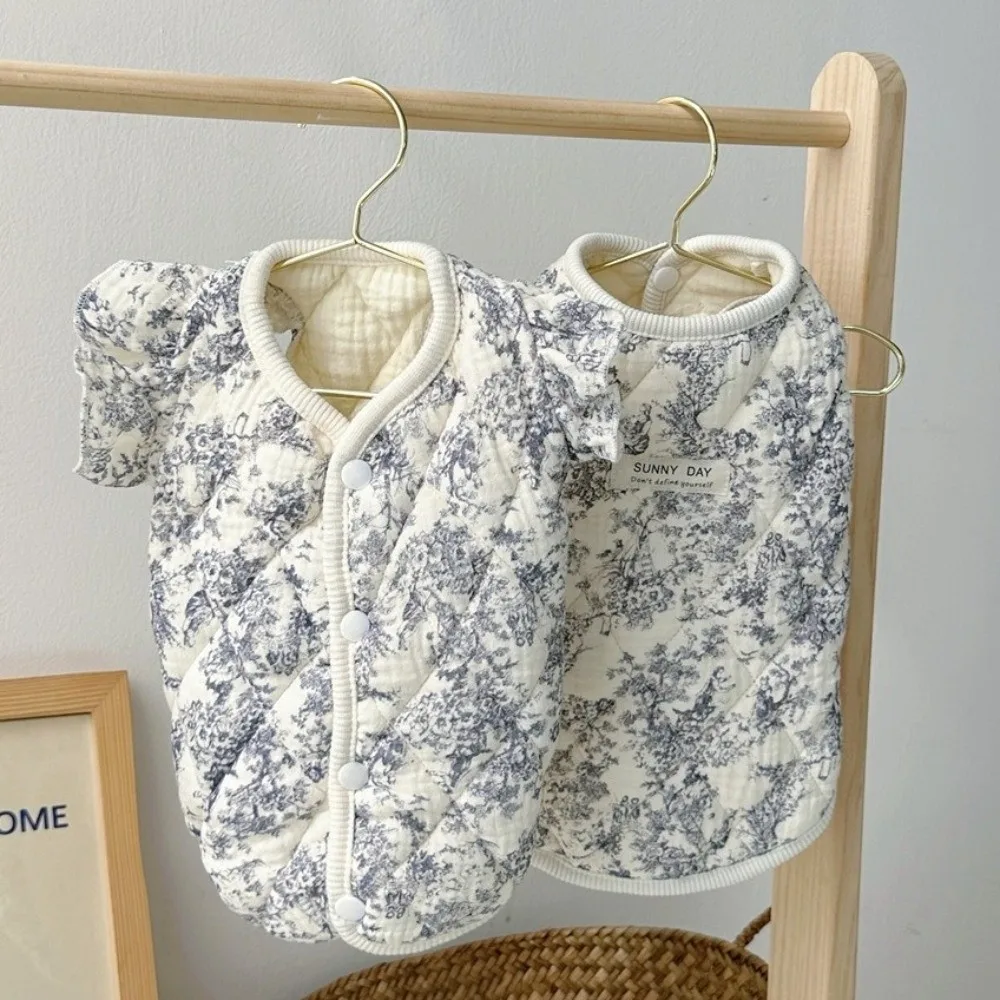 Printed Dog Thermal Vest Retro Style Button Closure Dog Winter Coat Easy to Put On Warm Soft Dog Jacket for Small Medium Dogs