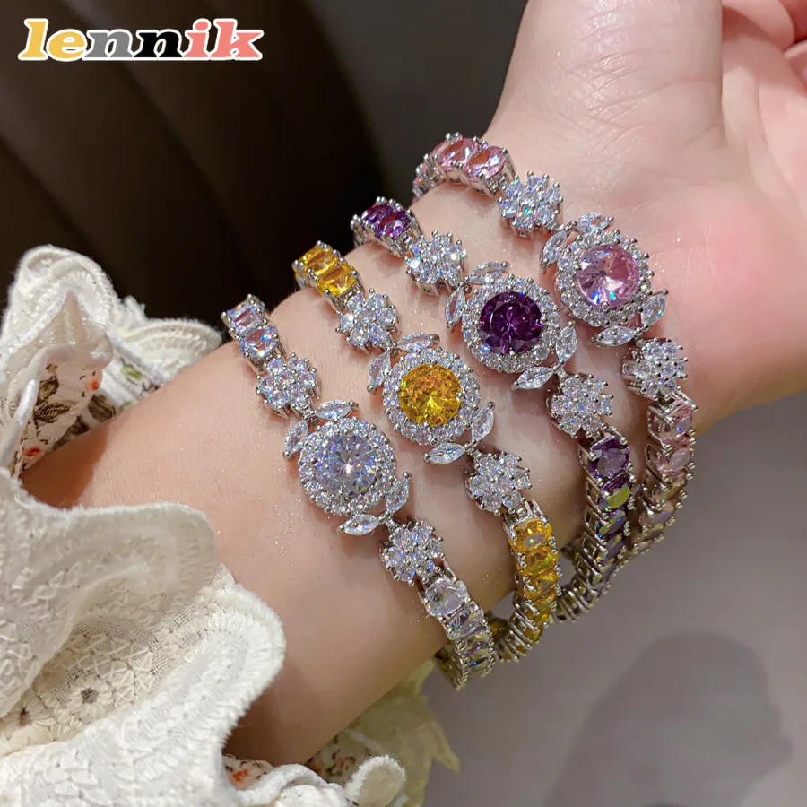 Gelang Elegan Wanita LENNIK, Bunga Zirkon Super Mengkilap, Desain Dopamin Warna-warni Bulat, Perhiasan Fashion Kelas Atas Mewah Ringan