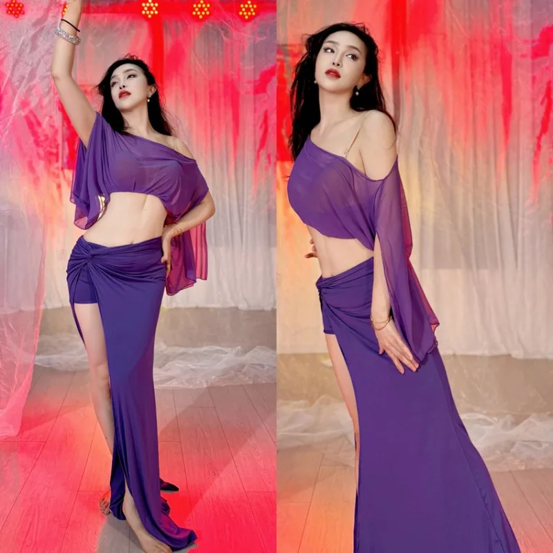 

Customized Swegal Belly Dance Practice Outfit Oriental Dance Costume Hibiscus Purple Mesh Split Sleeves Twisted Skirt for Women