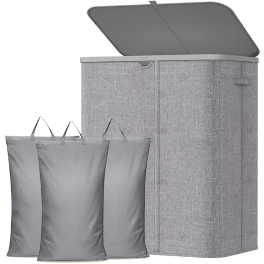 

185L Large 3 Section Laundry Hamper with Lid Plastic Laundry Basket with Bamboo Handles and Removable Bags Tall Foldable Clothe
