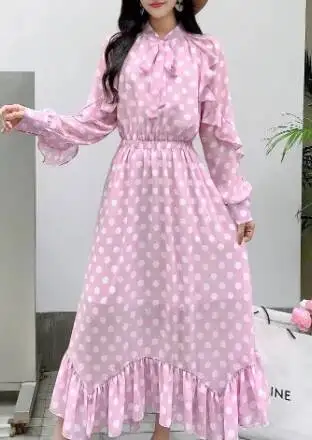 Retro Elegantes Plissee Puffärmel Dot Sweet Kleid Strandurlaub Casual Damen A-LINE Chiffon Mode Sommer Basics Kleider