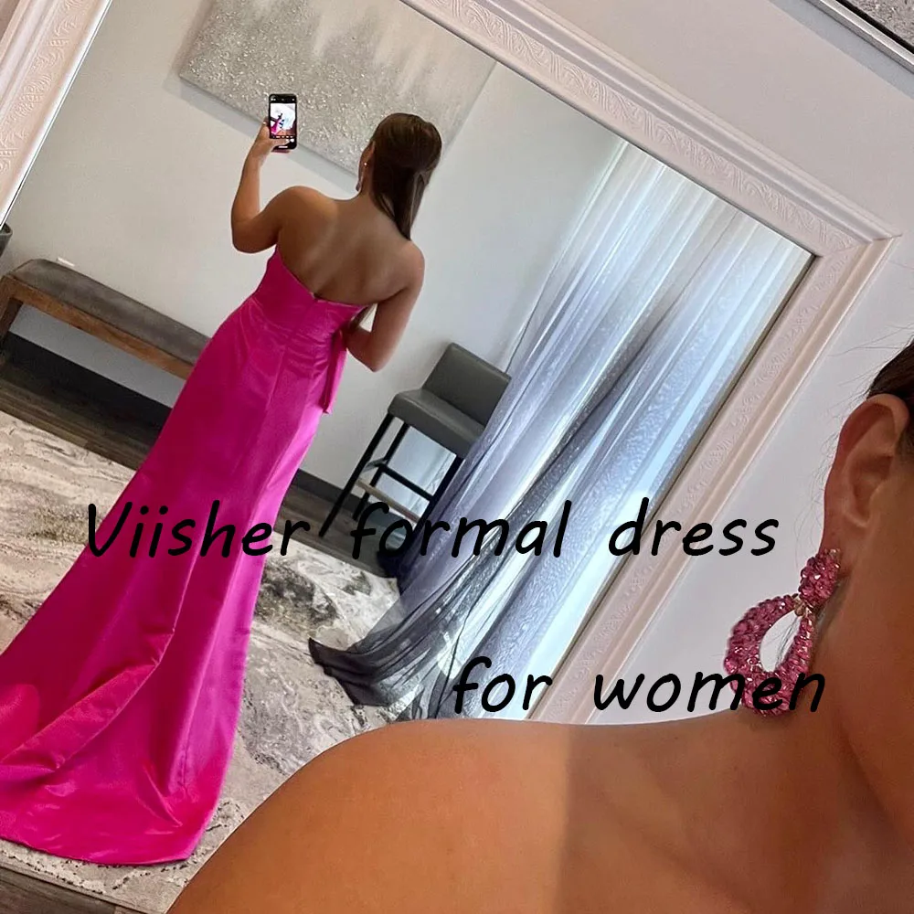 Vestido de graduación de sirena de satén fucsia con hendidura plisada, vestido de fiesta de noche largo hasta el suelo, vestidos de Gala formales para mujer