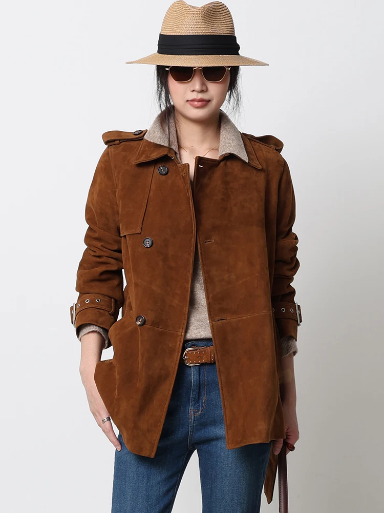 

Vintage Genuine Leather Windbreaker Jackets for Women High-end Simple Slim Single Breasted Real Sheepskin Suede Coat with Belt