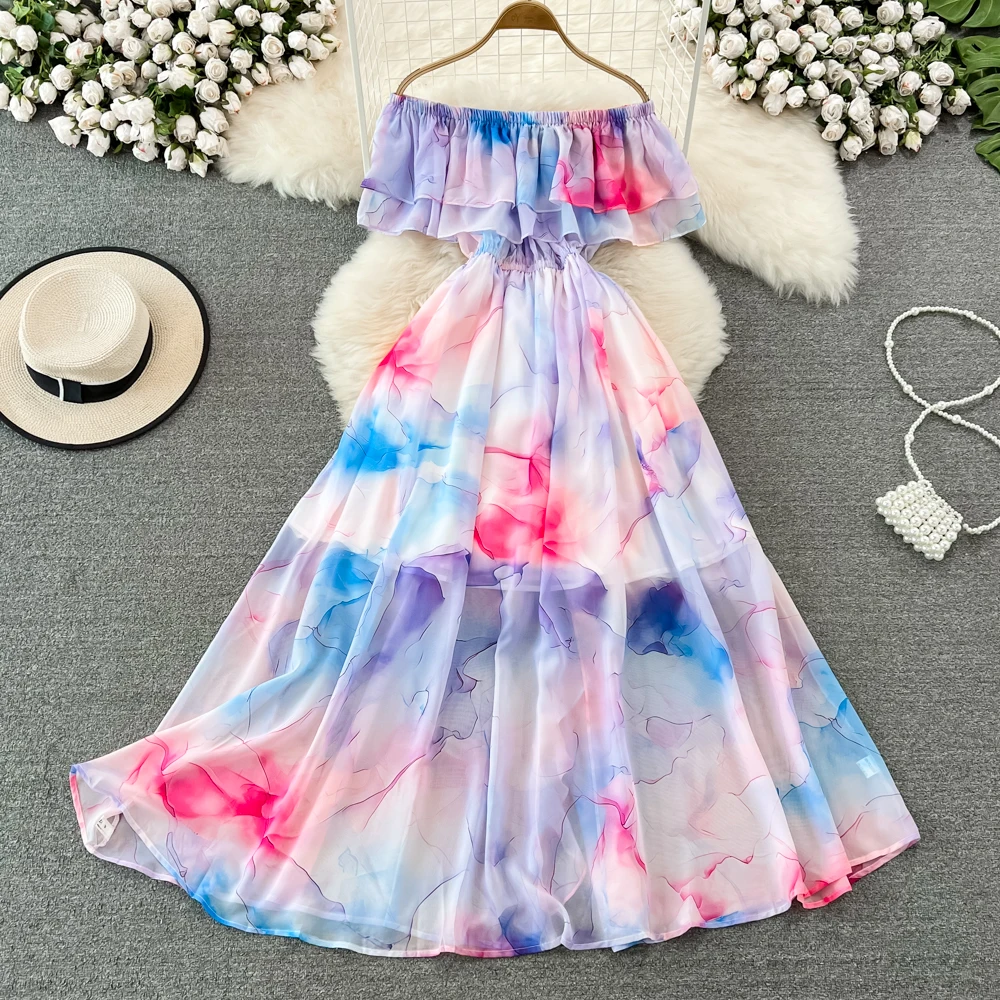 

2023 New Elegant Women Print Chiffon Dress Off Shoulder Tie Dye Slash Neck Elastic Waist Beach Style Long Dresses