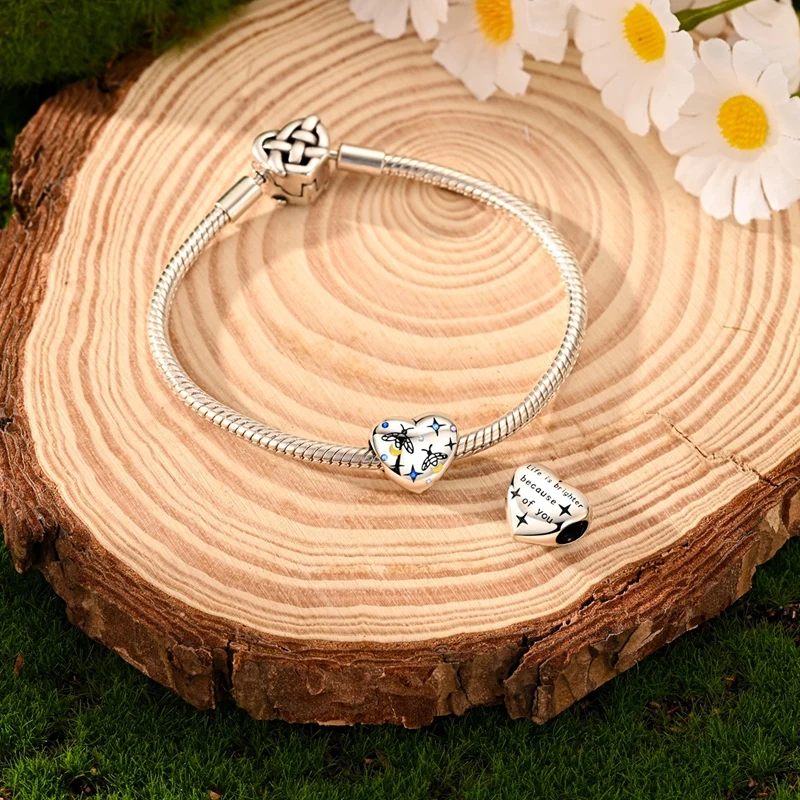 925 Sterling Silver Charms Bead CZ Zircon SFirefly Engraved Heart-shaped Dangle Fit Original Bracelet DIY Women Jewelry Gift