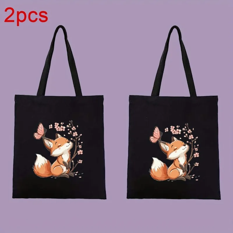 حقيبة يد نسائية مطبوعة على شكل زهر الثعلب والكرز، حقيبة كتف سوداء بسيطة، تصميم متين، مناسبة للتسوق والسفر والعمل