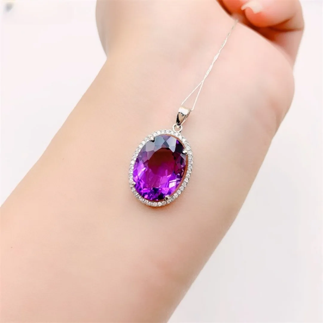 Natural Oval Amethyst Pendant Large Grain Gem Women\'s Necklace Pendant S925 Sterling Silver Inlaid with Japan and South Korea