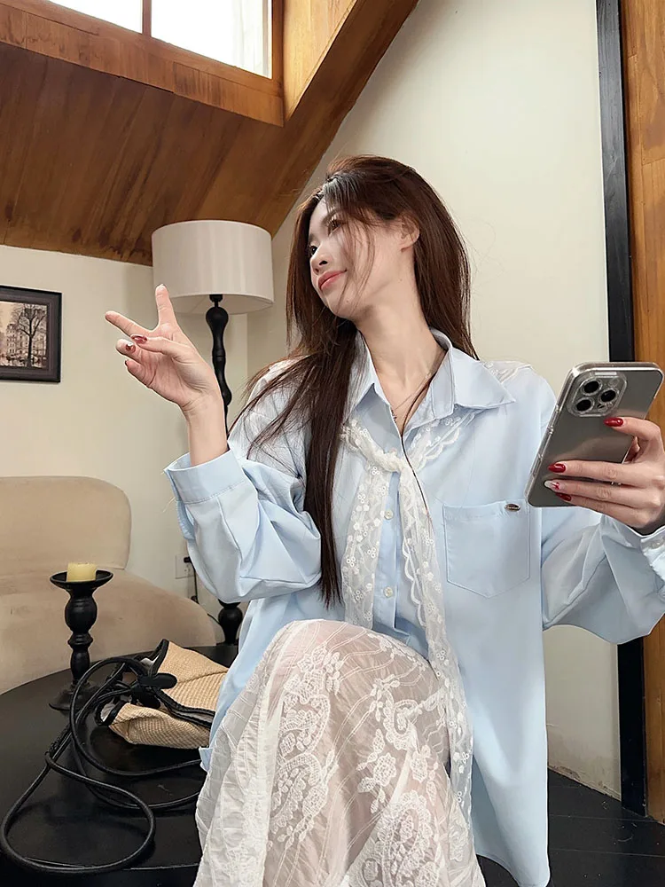

Long Sleeve Shirts Womens Chiffon Lace-Up Ruffled Slim Fit Collar Chinese Minimalist Feminine Youthful Daily Look Comfortable