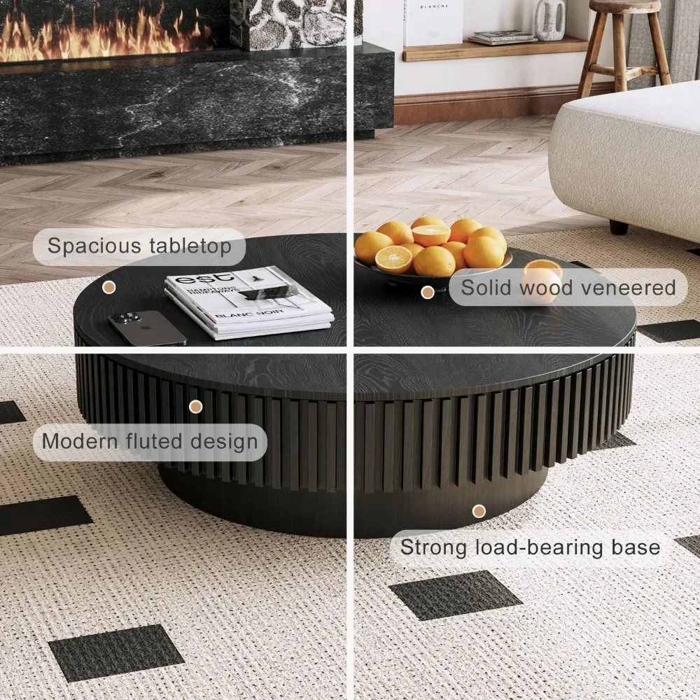 Mesa de centro redonda de 31,5 '' com armazenamento, mesa de centro moderna de madeira com folheado de madeira maciça, mesa de chá com detalhes em centro circular