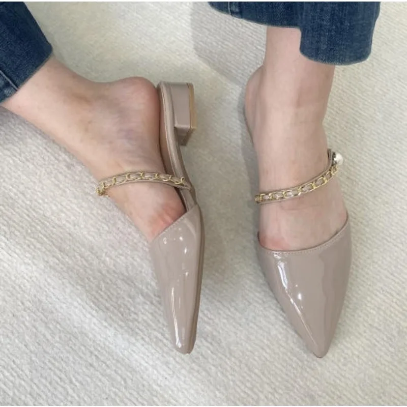 

Elegant Leather Mules Pointed Toe Embellished High Heel Sandals Sophisticated Party Evening Shoes Heel Wrapped Half Slippers