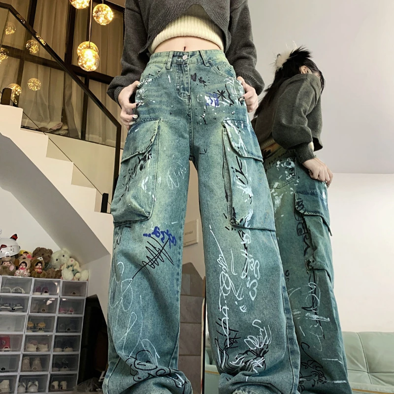 

Women Denim Pants Blue Work Pants Woman's Clothing Baggy Trouser Prints Baggy Trouser Vintage Designs Y2K Casual Solid Autumn