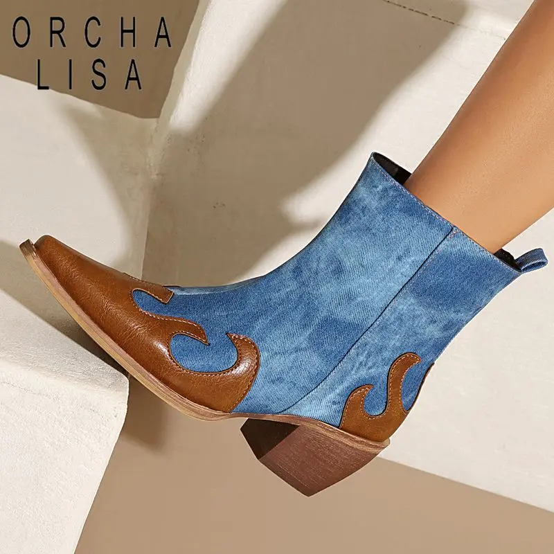 

ORCHA LISA Горячие ковбойские ботильоны с квадратным носком 5,5 см на толстом каблуке без шнуровки разных цветов, большой размер 42 43 Cowgirl Western Winter