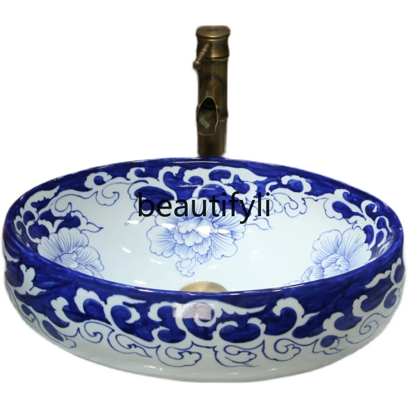 Hand-painted blue and white ceramic stage basin ingot large new Chinese Jingdezhen wash basin washbasin