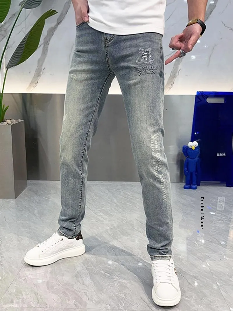 

Light Blue Slim Fit Men's Jeans Versatile Trendy Korean Sle Spring Summer New Arrival Breathable Comfortable High Elastici
