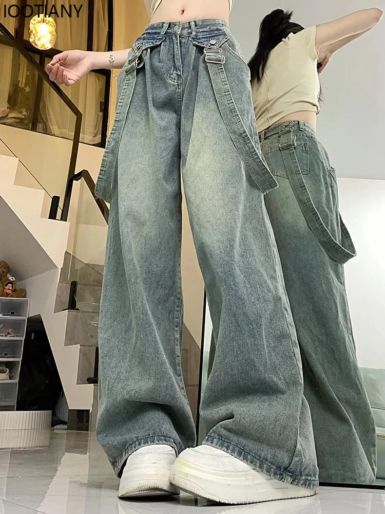 Jeans da donna Y2k gotici High Street da donna a vita alta blu vintage jeans con bretelle hip-hop pantaloni larghi larghi stile street americano