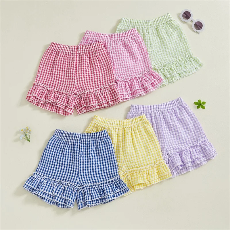 New Toddler Girl Plaid Shorts Ruffled Hem Elastic Waist Wide Leg Short Pants For Summer 9 Months-3 Years