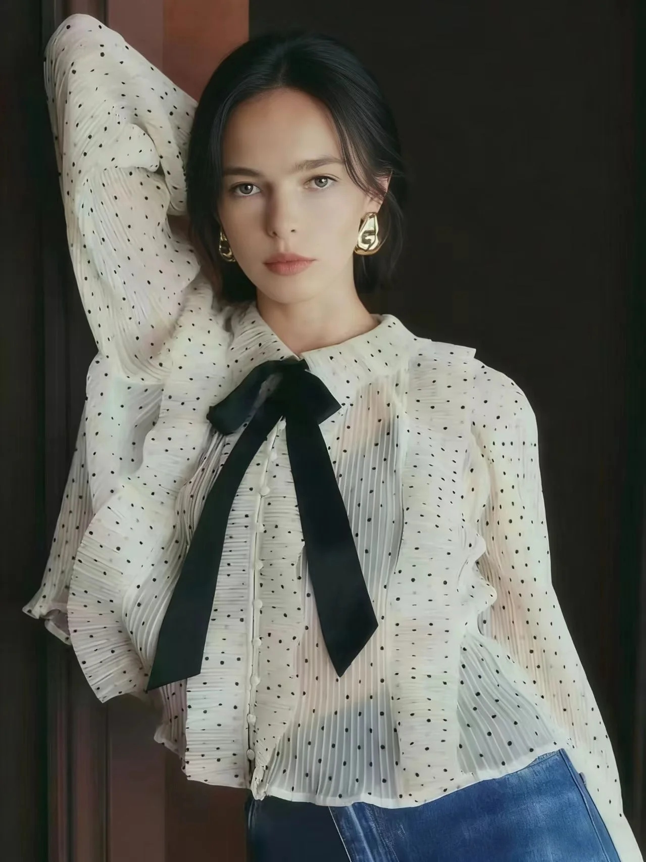 

Elegant 2026 Early Spring Polka Dot Bow Tie Loose Versatile Shirt Commute Style Polyester Fiber Long Sleeve round Neck Button...