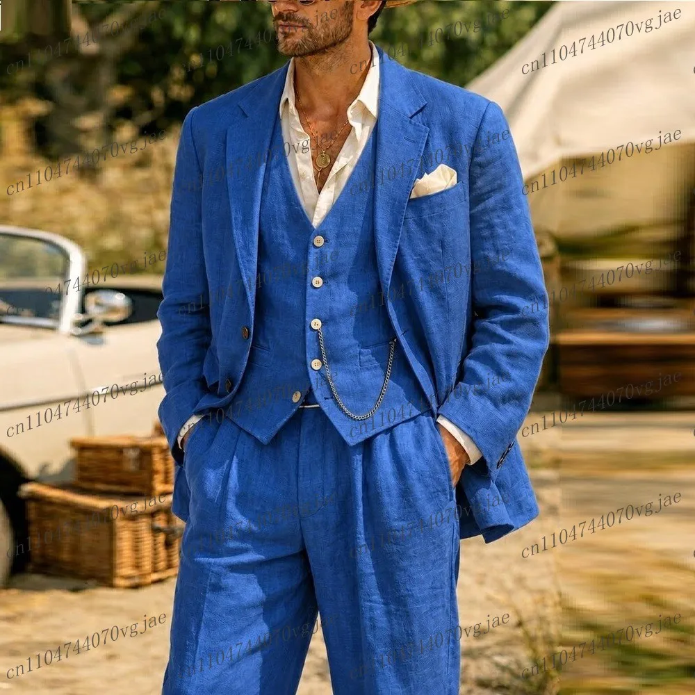 Nuevo Traje de Lino Transpirable Azul Verano para Hombre, Traje Formal para Boda, Fiesta, Novio, Negocios, Esmoquin Masculino de 3 Piezas, Chaqueta, Chaleco y Pantalones