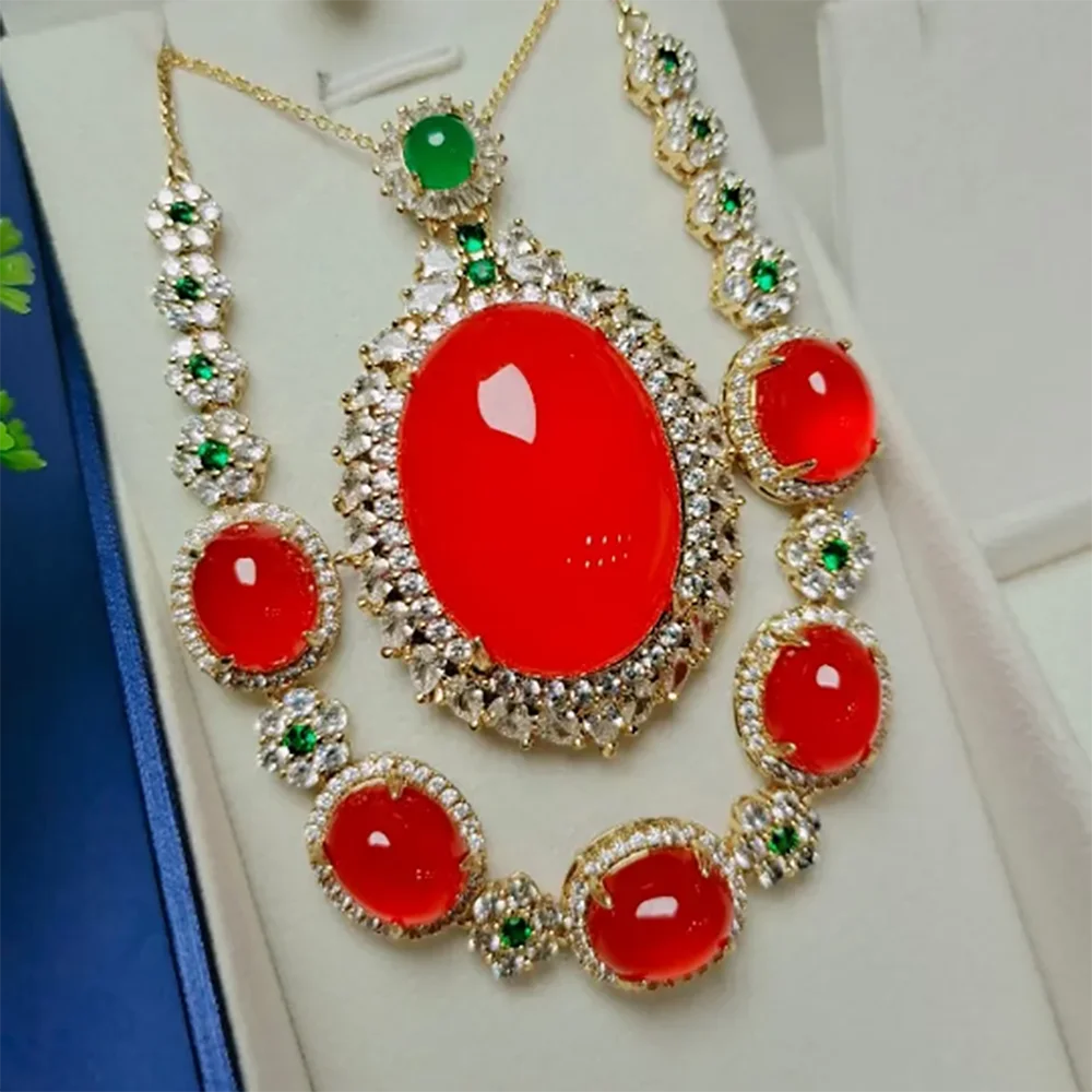 

Natural Red Chalcedony Jade Jewelry Set Women Carnelian Oval Pendant Necklace With Zircon Emerald Jades Bracelets Jewellery Set