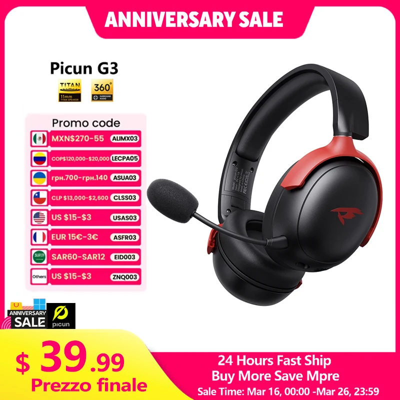 Picun G3 Gaming Wireless Headphone with Mic Over-Ear Headphones Bluetooth 5.4 40mm Driver 2.4G/Wireless/Cable USB Headsets 65H