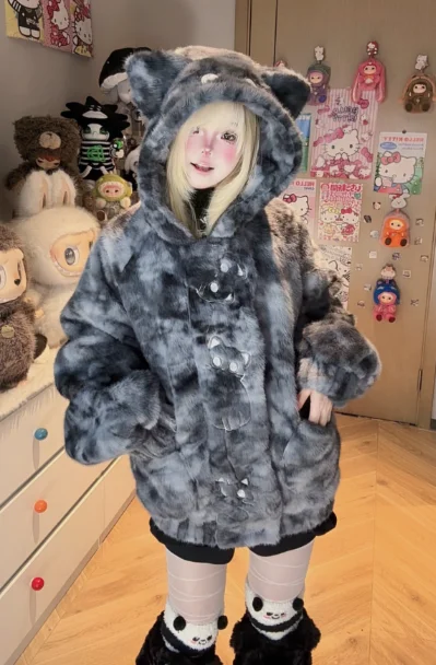 เสื้อแจ็คเก็ตมีฮู้ดปักลายแมวน้อยน่ารัก สีเหลืองอ่อน สำหรับผู้หญิง ผ้าฟลัฟฟี่ไล่เฉดสีเทา สไตล์ลำลองหลวมๆ สำหรับฤดูใบไม้ร่วง