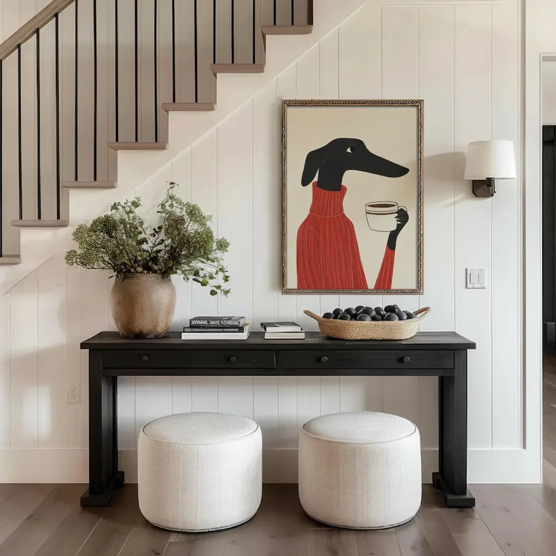 (Sin marco) Impresión artística de pared con diseño de perro negro estilo retro-chic: elegante canino con suéter rojo de cuello alto y taza de café |   Minimalista