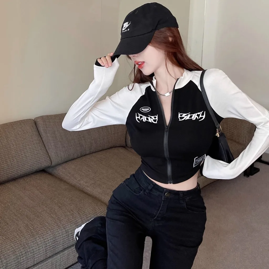 Korean Retro Motorcycle Half High Neck Short Zipper Cropped Top Spring Autumn Spicy Elastic High Waist Long Sleeve T-shirt