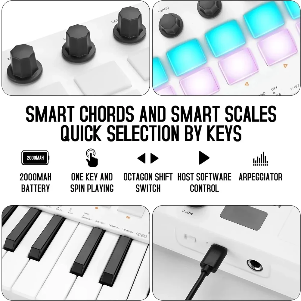 M-VAVE SMK-25 II MIDI Pad Controller Keyboard USB Mini 25 Key، 16 RGB Drum Pads، 8 مقابض وإنتاج الموسيقى، وشملت البرنامج