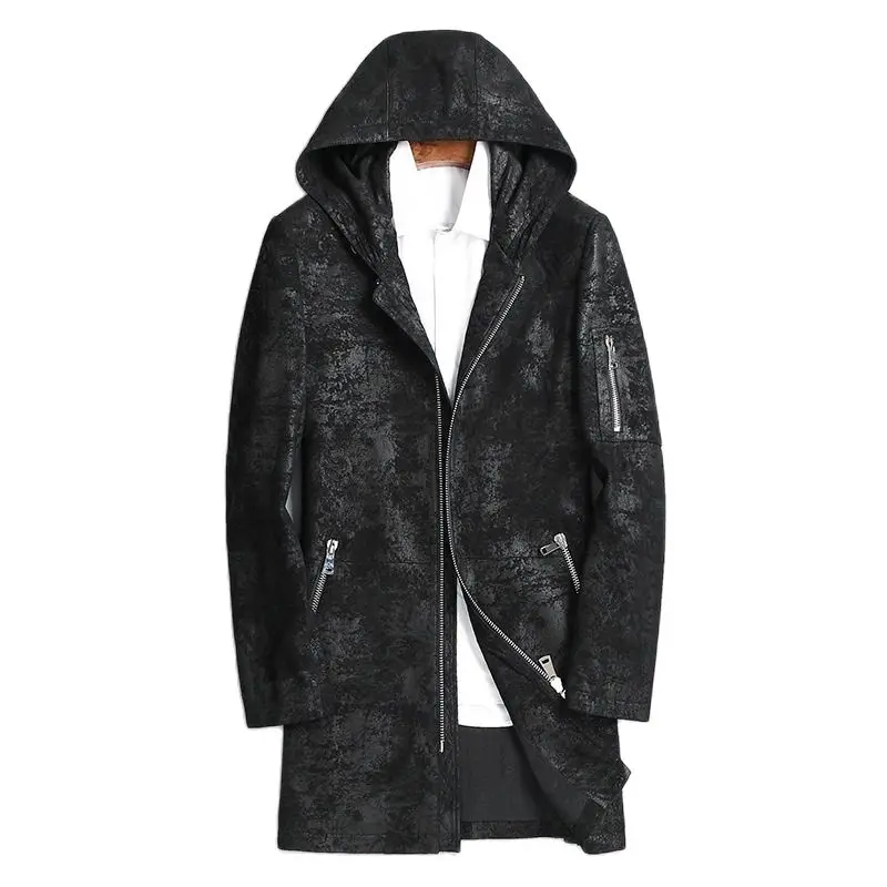 Batmo 2022 new arrival autumn high quality sheepskin hooded long trench coat men,men\'s real leather jackets men Overcoat