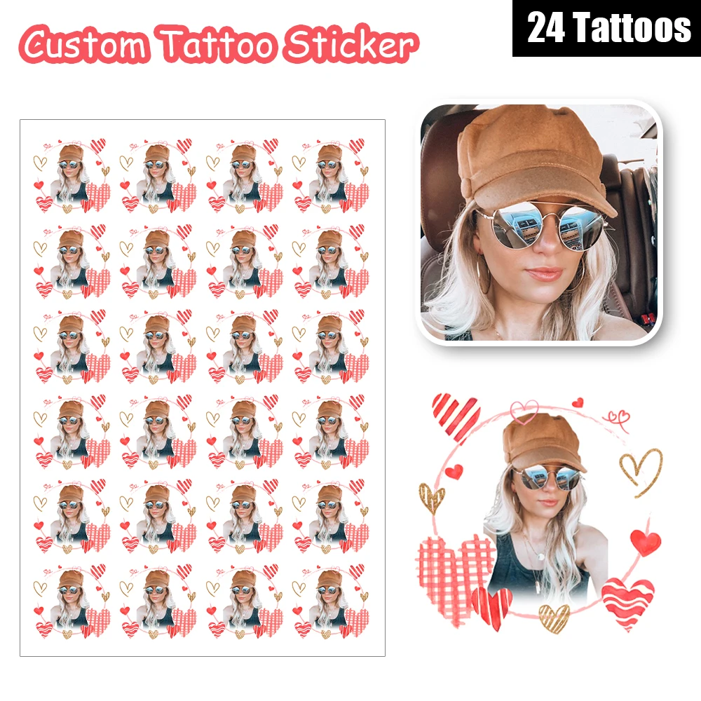 

24 Designs Round Pink Love Heart Cute Fun Avatar Sticker Custom Temporary Tattoos Personalized Photo Designs For Face Pet Couple