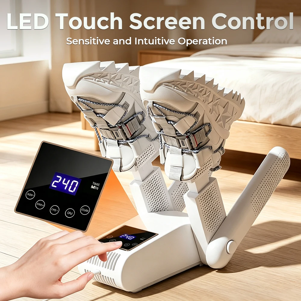 Faltbarer Schuhtrockner und Stiefelwärmer mit 4 Röhren, 8 Timer, 2 Geschwindigkeiten, PTC-Heizung, UV-Licht, LED-Touchscreen für Arbeitsstiefel, Handschuhe, Turnschuhe und Socken – Detail 9