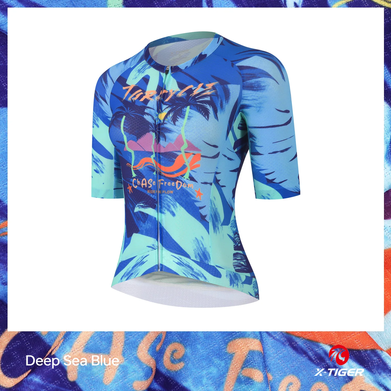 X-TIGER GALE SERIES Damesfietsshirt met korte mouwen, slim fit, TROPICAL ISLAND STYLE, ademend maillot voor mountainbike