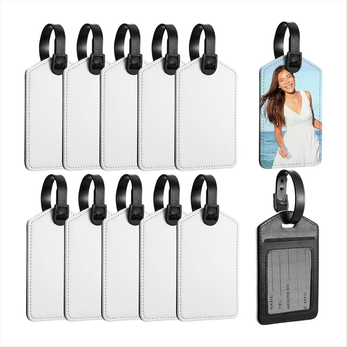 10pcSupernew Sublimation Luggage Tags White Heat Transfer PU Leather Name Tag Blank Suitcase Tags Travel Business ID Card Holder