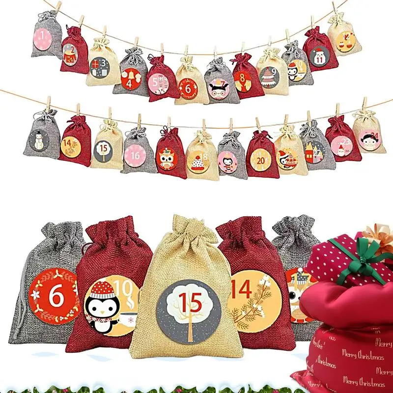 Bolsas para Calendario De Adviento De Navidad, juego De bolsas De regalo, pegatinas De papel, decoración navideña, 24 días, 2024