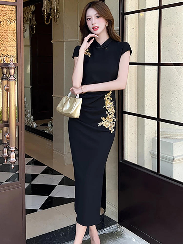 

Summer Black Elegant Embroidery Stand Collar Long Dress Women Vintage Hepburn Luxury Vestidos 2025 Korean Bodycon Evening Dress