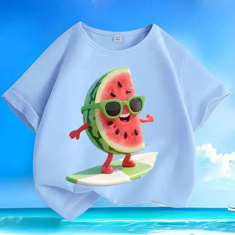 Cute Watermelon Character with Sunglasses & Surfboard Print Children’s T-shirt Summer Cool Cotton Tee for School or Vacation