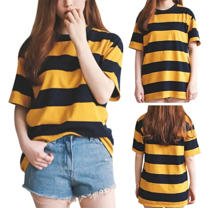 Women\'s Round Neck Yellow and Black Striped Short Sleeve t-shirt Summer Loose Sports T-shirt Tops