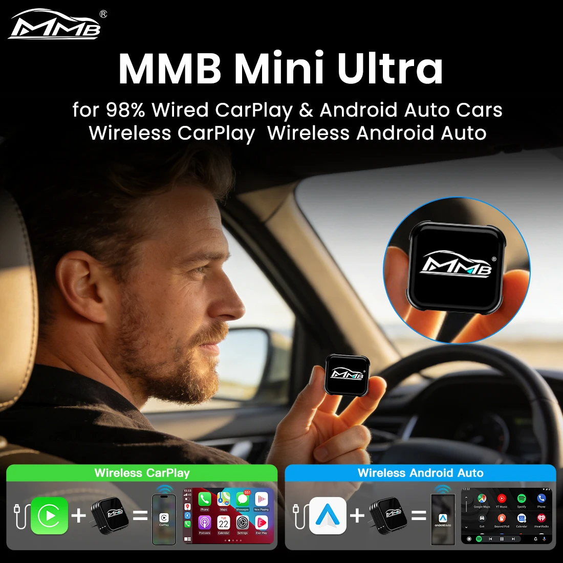 MMB Mini Ultra Wireless CarPlay Android Auto Adapter 2 in 1 USB AI Dongle Car Accessories for Chevrolet Toyota VW Buick Chery MG