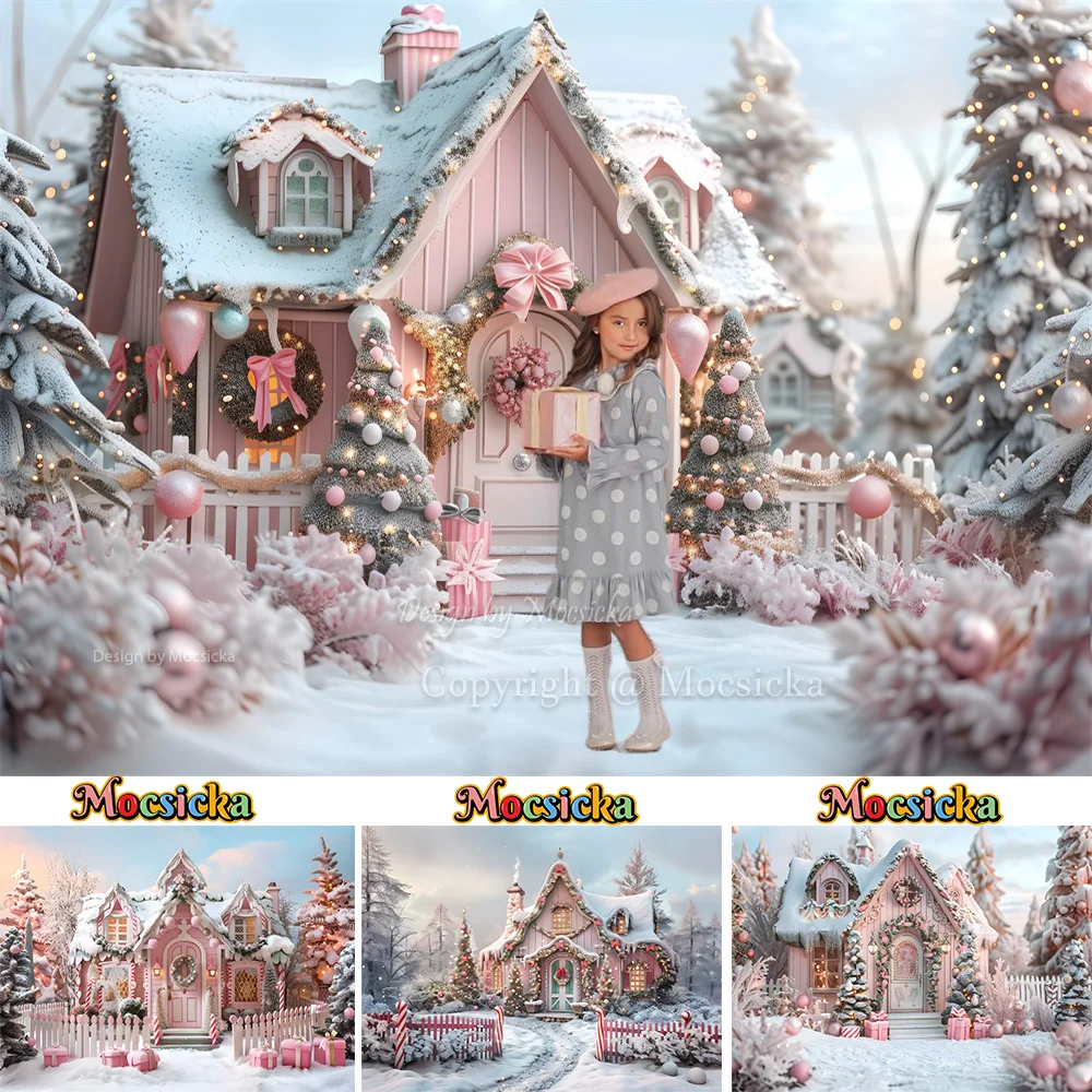 Pink Christmas Background Photography for Girl Winter Birthday Party Candy Cane House Xmas Tree Backdrop Snowy Floor Photobooth