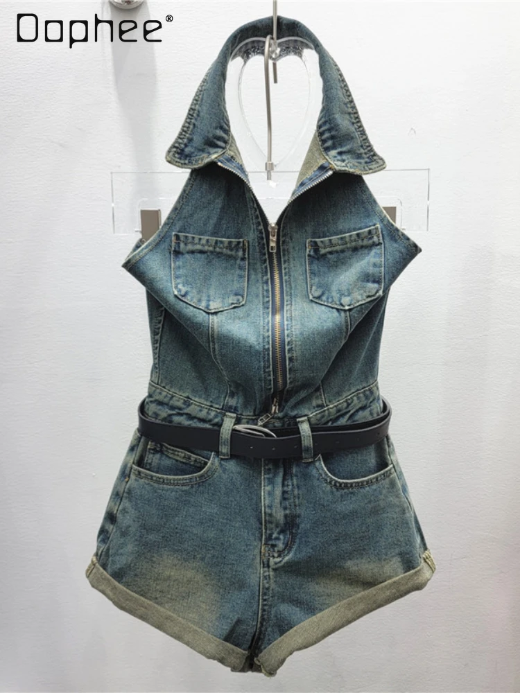 

Women's Denim Jumpsuit Backless with Belt Retro Polo Neck Sleeveless Cowboy Spicy Girl Slimming Playsuit Romper Skinny Overalls