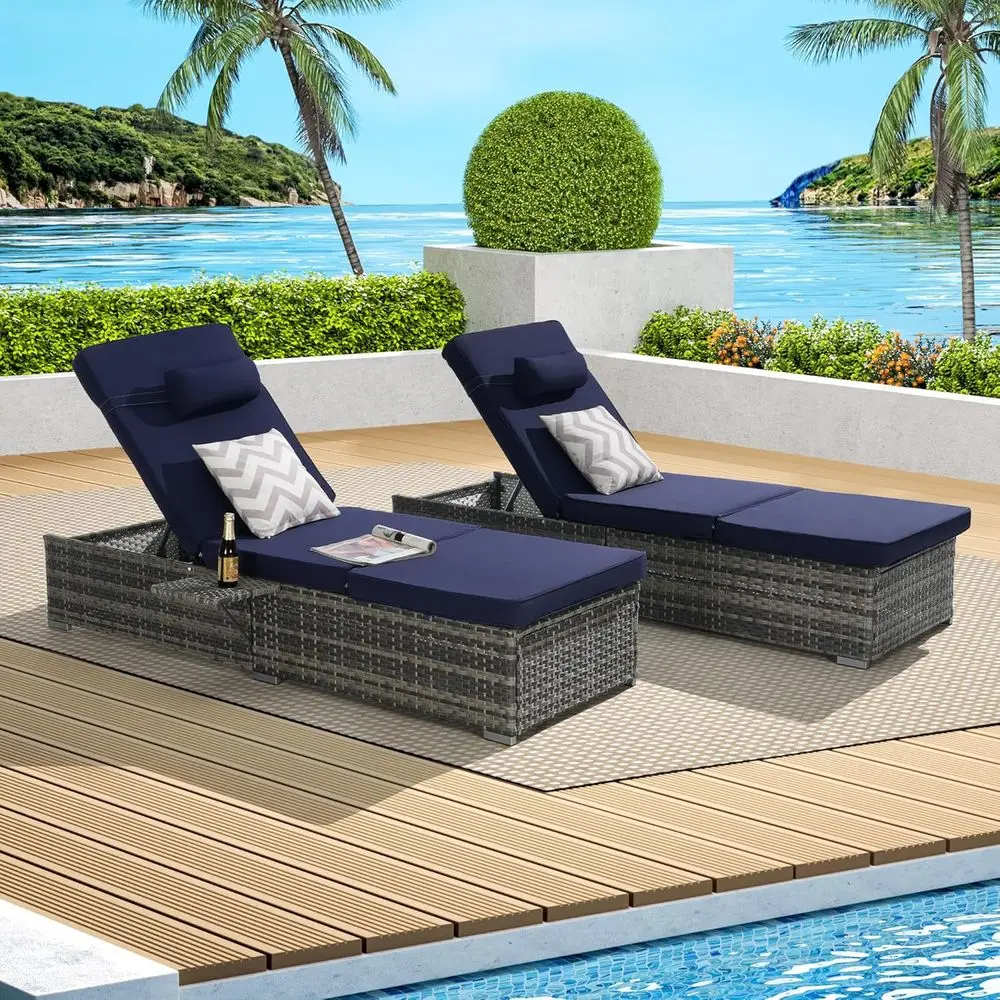 2-Piece Outdoor Patio Rattan Lounge Set with Storage, Adjustable Recliners, Table, and Cushions for Poolside, Beach, or Garden