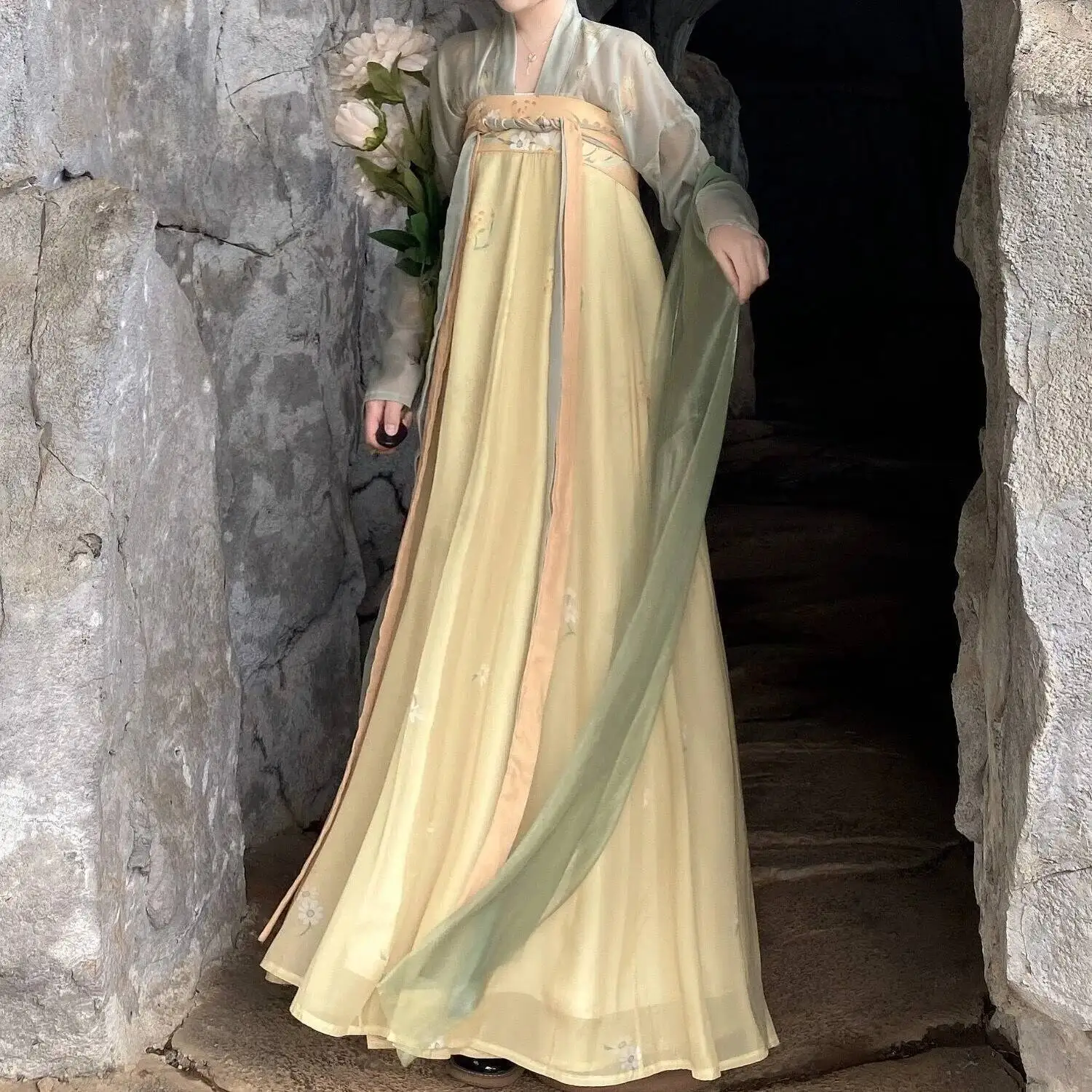 الأصلي Hanfu المرأة الصينية سلالة تانغ ازياء القديمة Hanfu التقليدية رقيقة فستان مُزين بطباعة الجنية لفصل الربيع والصيف