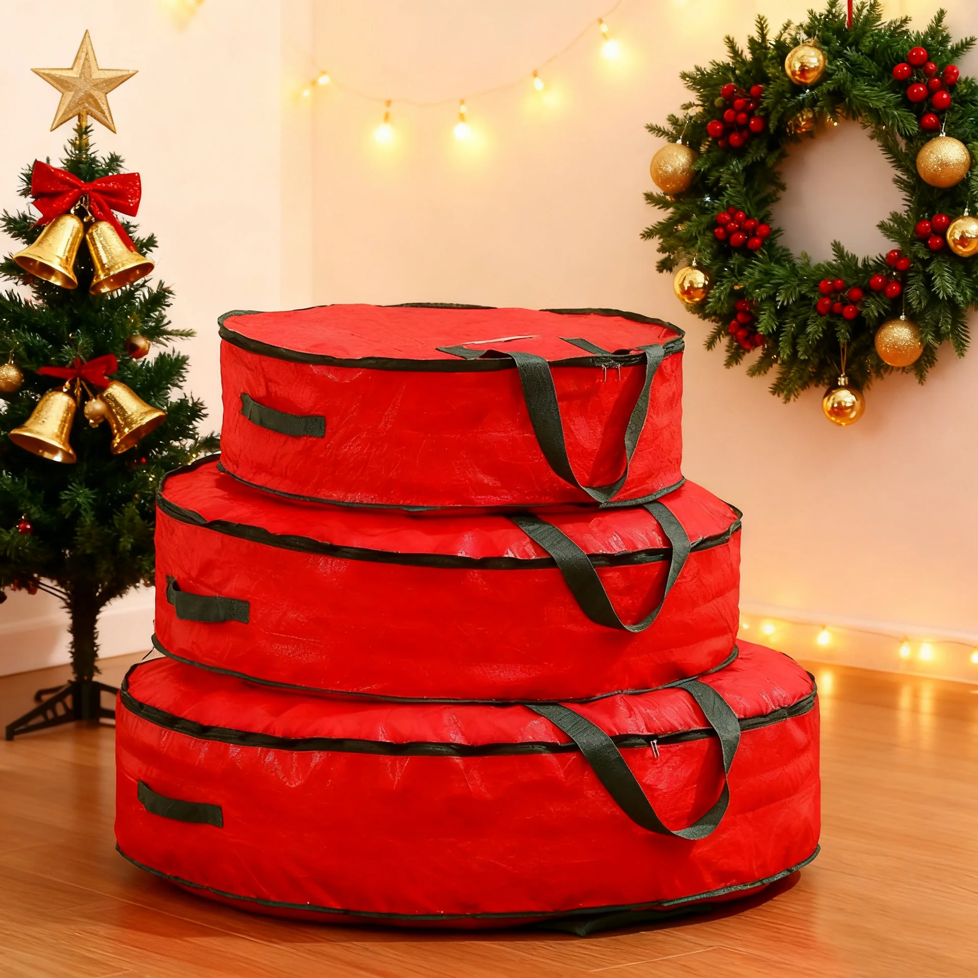 Sac de rangement rouge couronne de noël, sac de rangement circulaire pour décoration de noël, sac de rangement pour Arrangement d'arbre de noël