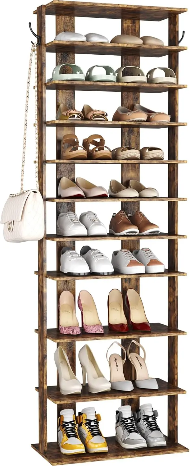 10-Tier Corner Shoe Rack Tower, Double-Row Vertical Shoe Shelf, Slim Storage Organizer Holds 20 Pairs, Space-Saving Shoe Stand for Entryway, Hallway, or Closet, Rustic Brown