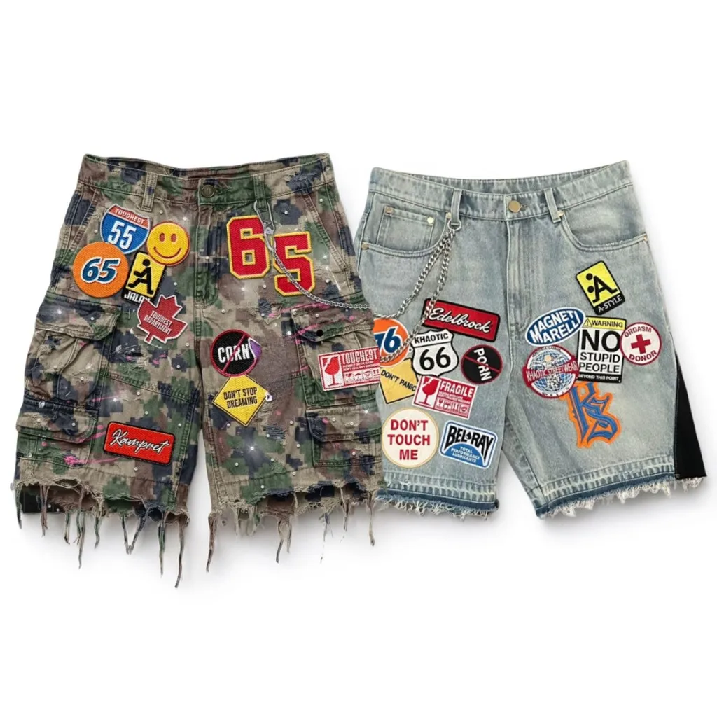 Vintage camouflage broderie Patch Denim court Y2K jean hommes femmes Hip Hop dessin animé graphiques Streetwear ample Denim Shorts décontracté és