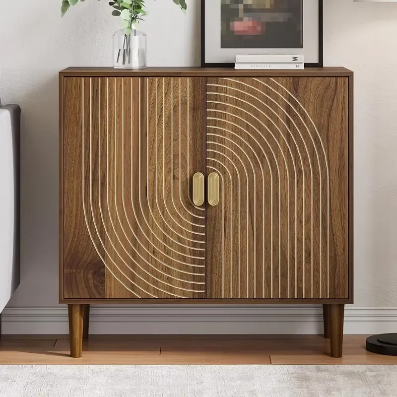 Art Deco Wood Cabinet  Dining Living Room Sideboard Freestanding Storage Unit with Adjustable Shelves and Cable