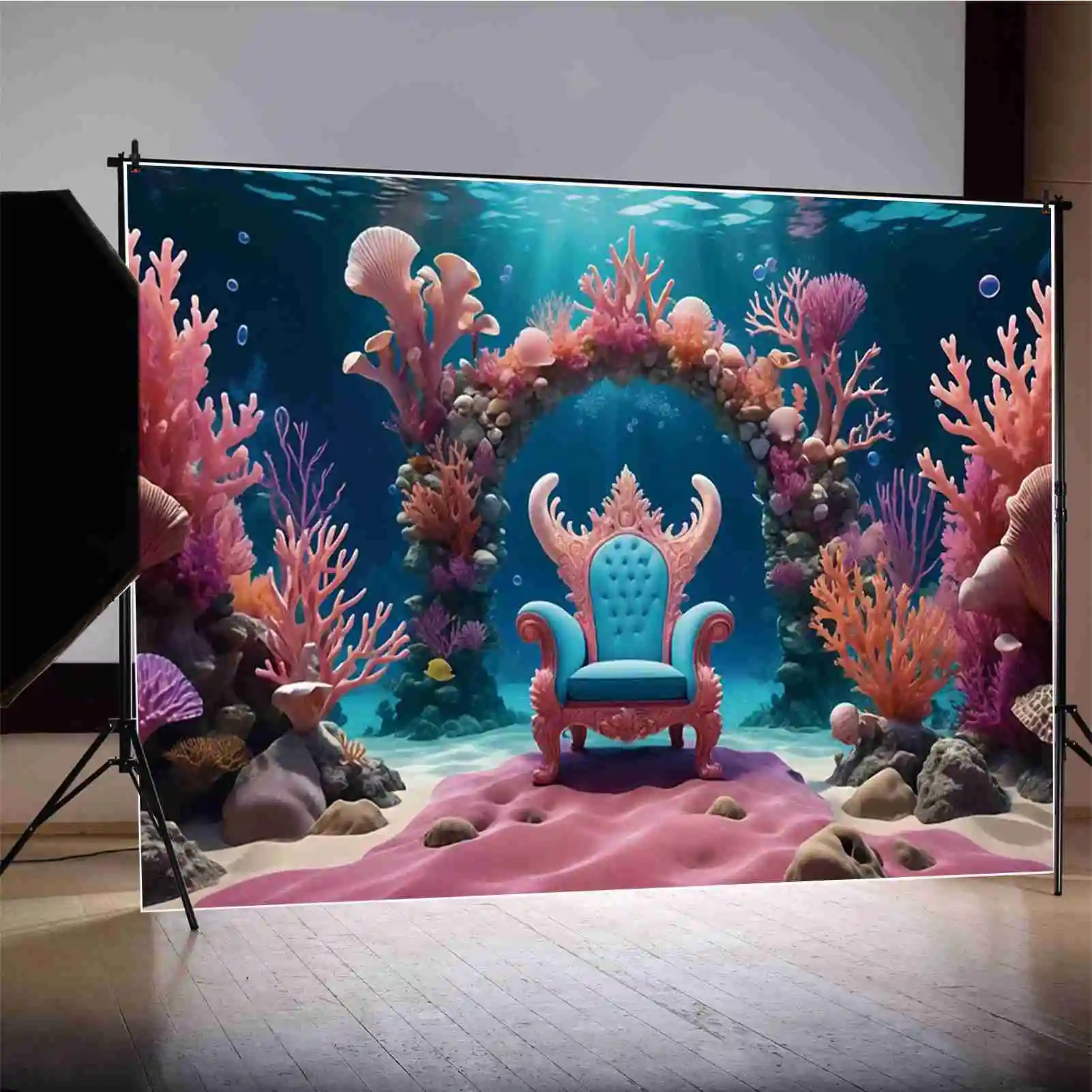 MOON.QG Undersea Throne Birthday Photography Background Baby Mermaid Party Photocall Backdrops Custom Underwater Photo Props
