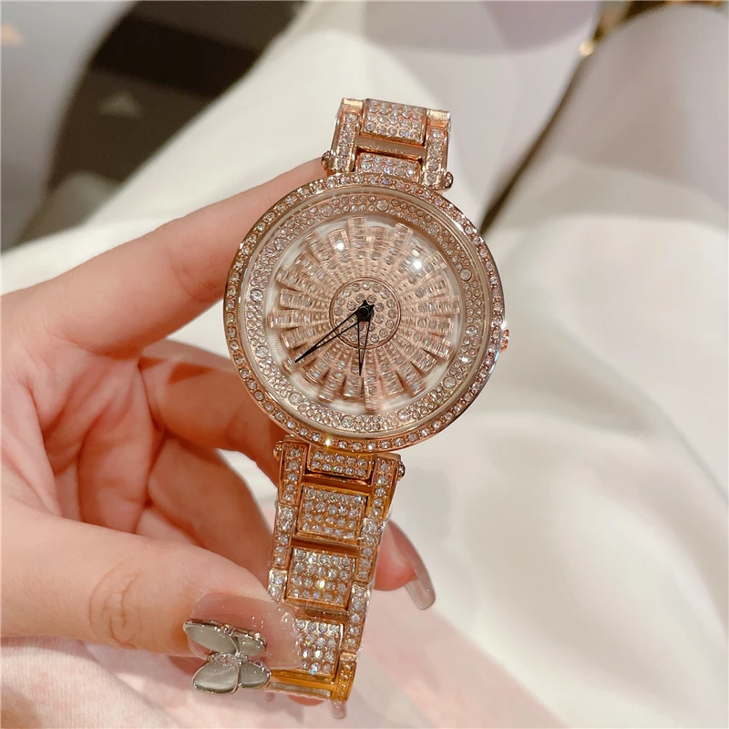 Luxury Rose Gold Women Watches Stylish Rhinstone Rotate Dial Casual Wrist watch for women Top Brand Waterproof Clock A301