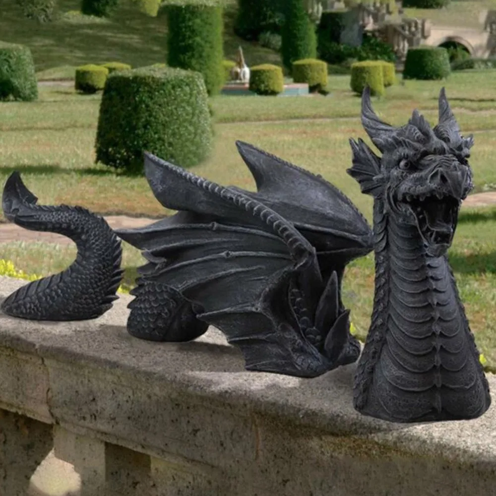 Resin Handicrafts Garden Flying Dragon Ornament Black Three-section Flying Dragon Statue Halloween Decor Garden Ornament